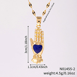 Синий Старинные латунные ожерелья с подвеской в виде руки с эмалью «Хамса», с четким кубического циркония, золотые, синие, 15.75 дюйм (40 см)