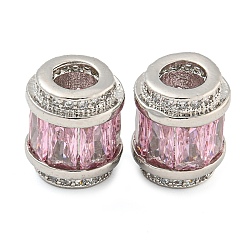 Бледно-Розовый Реечное покрытие латунь микро паве кубический цирконий европейские бусины, долговечный, без свинца и без кадмия, колонка, платина, розовый жемчуг, 11.5x10 мм, отверстие : 4.5 мм