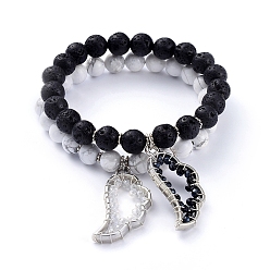 Synthetic Turquoise Stretch Bracelets Set, Stackable Bracelets, with Natural Howlite & Natural Lava Rock Beads, Electroplate Glass Beads and Alloy Wing Pendants, 2-1/8 inch(5.5cm), 2pcs/set