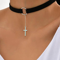 Платина Ожерелья-чокеры из черного бархатного шнура с подвеской в виде креста для женщин, платина, 11.81 дюйм (30 см)
