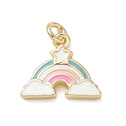 Real 14K Gold Plated Brass Pendants, with Enamel, Rainbow with Star Charms, Real 14K Gold Plated, 10.5x12.5x2mm, Hole: 2.5mm