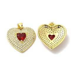 Roja Latón micro pavimenta claro colgantes de circonio cúbico, sin plomo y cadmio, con vidrio, encantos del corazón, dorado, rojo, 22x22x6 mm, agujero: 5x3.5 mm