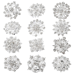 Silver Rhinestone Brooch with Alloy Findings, Flower, Flat Round, Hexagon, Pentagon, Rhombus, Star, Silver, 19.5~28.5x21~28.5x10.5~14.5mm, 12pcs/set