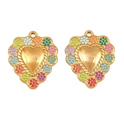 Colorful 304 Stainless Steel Enamel Pendants, Heart with Flower Charm, Real 18K Gold Plated, Ion Plating(IP), Long-Lasting Plated, Colorful, 22x18x2.5mm, Hole: 1.6mm
