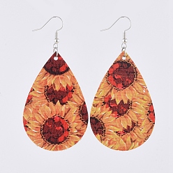 Goldenrod Dangle Earrings, with PU Leather Big Pendants and Platinum Plated Brass Earring Hooks, teardrop, with Flower Pattern, Goldenrod, 76mm, Pin: 0.6mm