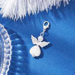 Белый АБС-пластик имитация жемчуга подвесные украшения, ангел в форме сердца, с крыльями из сплава и застежками-клешнями, белые, 42 мм