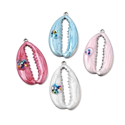 Mixed Color 304 Stainless Steel with Enamel Pendants, with Sequins/ Paillettes Chips, Cowrie Shell Shape Charms, Stainless Steel Color, Mixed Color, 27x15.5x3mm, Hole: 1mm