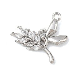 Платина Латунные микропаве прозрачные подвески с фианитом, пшеница с бабочкой, без кадмия, без никеля и без свинца, платина, 15x16x3 мм, отверстие : 1.2 мм