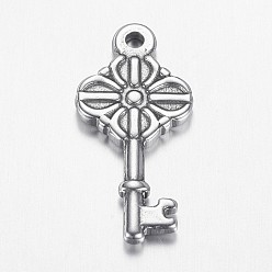 Stainless Steel Color Tarnish Resistant 304 Stainless Steel Pendants, Key, Stainless Steel Color, 25x12x2mm, Hole: 1.5mm