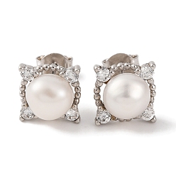 Real Platinum Plated 925 Sterling Silver Square Stud Earrings, with Natural Pearl & Clear Cubic Zirconia, Real Platinum Plated, 9.8x9.8mm