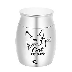 Platinum Aluminium Alloy Cremation Urn, For Commemorate Pet Cat Cremains Container, Column with Cat & Word Cat Mom Pattern, Platinum, 30x40mm