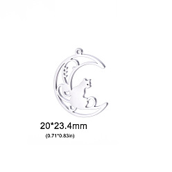 Нержавеющая Сталь Цвет Подвеска из не тускнеющей нержавеющей стали, Луна с кошкой, цвет нержавеющей стали, 20x23.4 мм