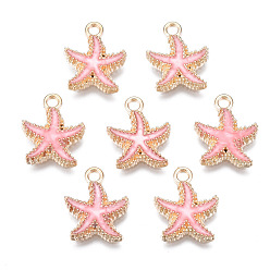 Pink Alloy Enamel Pendants, Starfish, Light Gold, Pink, 18x15x3mm, Hole: 2.5mm