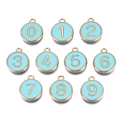 Light Sky Blue Light Gold Plated Alloy Enamel Charms, Enamelled Sequins, Flat Round with Number, Number 0~9, Light Sky Blue, 14.5x12x2.5mm, Hole: 1.4mm, 10pcs/set