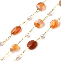 Красный Агат Цепочки из бусин ручной работы с натуральными самородками сердолика, пайки, с бусинами из АБС-пластика и фурнитурой из латуни с покрытием из стойки, долговечный, без свинца и без кадмия, с катушкой, реальный 18 k позолоченный, 4~7x6~12x3~5 мм
