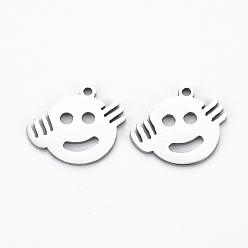 Stainless Steel Color Non-Tarnish 201 Stainless Steel Pendants, Cut, Flat Round with Expression, Stainless Steel Color, 14x17x1mm, Hole: 1.4mm