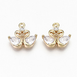Real 18K Gold Plated Brass Micro Pave Clear Cubic Zirconia Charms, Nickel Free, Swan Shape, Real 18K Gold Plated, 13x13x3mm, Hole: 1.2mm