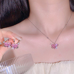 Ярко-Розовый Ожерелье из сплава в форме сердца со стеклянным кулоном и серьги-кольца, платина, ярко-розовый, 473 мм