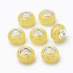 Champagne Yellow Crackle Resin European Beads, Large Hole Beads, with Silver Color Plated Brass Cores, Rondelle, Champagne Yellow, 13.5~14x8.5~9mm, Hole: 5mm