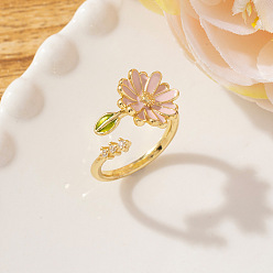 Pink Латунные кольца-манжеты для женщин, с эмалью и горный хрусталь, цветок, золотые, розовые, внутренний диаметр: 15~20 мм