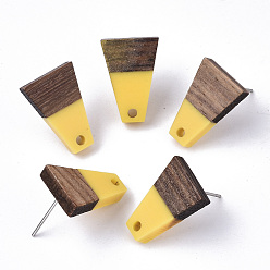 Gold Resin & Walnut Wood Stud Earring Findings, with 304 Stainless Steel Pin, Trapezoid, Gold, 18x12.5mm, Hole: 1.8mm, Pin: 0.7mm
