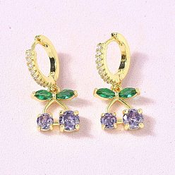 Лиловый Серьги-кольца из вишневой латуни с микропаве из кубических цирконий, стойки покрытие, прочное покрытие, без кадмия и без свинца, реальный 18 k позолоченный, сирень, 25x11.5 мм
