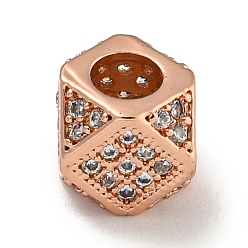 Rose Gold Brass Micro Pave Black/Clear Cubic Zirconia Beads, Polygon, Rose Gold, 7x7x7mm, Hole: 3.5mm