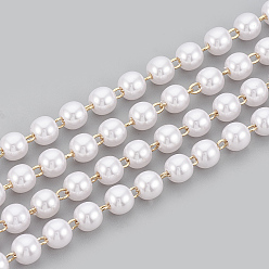 White Handmade Brass Beaded Chains, Soldered, with Spool, ABS Plastic Imitation Pearl, Real 18K Gold Plated, White, 3x2.6mm, about 16.4 Feet(5m)/roll