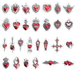 Platine Pendentifs en alliage de zinc, avec l'émail, amulettes cœur sacré/croix/crâne, platine, 18~53.5x15~54.5x3~5.5mm, Trou: 1.4~2.5mm