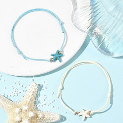 Mixed Color 2Pcs 2 Colors Ocean Dyed Synthetic Turquoise Starfish Beaded Adjustable Waxed Polyester Cord Bracelets for Women, Golden, Mixed Color, Inner Diameter: 3.54 inch(9cm), 1pc/color