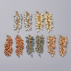 Mixed Color Electroplate Glass Cluster Beads Dangle Stud Earrings, with Brass Cubic Zirconia Stud Earring Findings and Ear Nuts, Earring Backs, Real 18K Gold Plated, Mixed Color, 55mm, Pin: 0.7mm