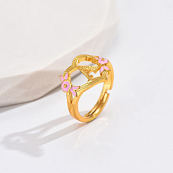 Letter A Регулируемые кольца для пальцев с латунным жемчугом и розовой эмалью в форме сердца и цветка, без кадмия, без никеля и без свинца, золотые, буква a, 14 мм, внутренний диаметр: 17 мм