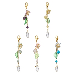 (52) Непрозрачная лаванда 5 Акриловые подвесные украшения в виде цветов и листьев, с натуральным аметистом, зеленым авантюрином, лимонным нефритом, натуральным розовым кварцем и синтетическими бусинами из бирюзы, с застежками-кнопками из сплава, разноцветные, 69.5 мм
