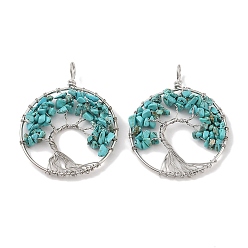 Бирюза Естественно бирюзовый большие кулоны, с платиновой и латунной фурнитурой, долговечный, без свинца и без кадмия, плоские круглые с деревом, 62x49x6~13 мм, отверстие : 7x4 мм