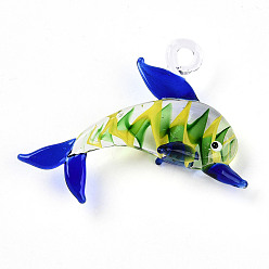Синий Большие подвески, лэмпворк, ручная работа , прелести дельфинов, синие, 54~56x65~68x15~16.5 мм, отверстие : 5~6x6~7 мм