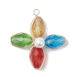 Разноцветный Стеклянные подвески, цветок с медной проволокой и ракушечным жемчугом, граненые, красочный, 34.5x31.5x9 мм, отверстие : 2.6 мм