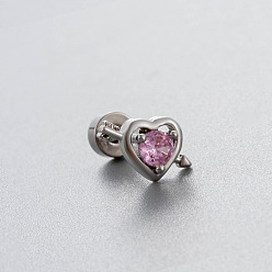Сердце Серьги-гвоздики с розовыми кубическими цирконами из латуни, с 304 штифтов из нержавеющей стали, цвет нержавеющей стали, сердце, Длина стержня: 6мм, штифты : 0.8 мм, Руководитель: 4 mm
