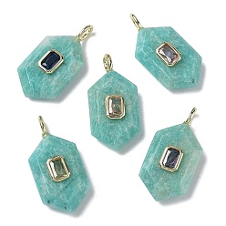 Амазонит Граненые подвески из натурального амазонита, шестиугольные подвески с латунными микропаве и фианитами кубического циркония случайного цвета, золотые, 32x15.5x7 мм, отверстие : 4x2 мм