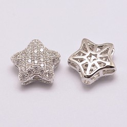 Платинированный Латунные микро проложить класса AAA кубического циркония бусы, долговечный, без кадмия, без никеля и без свинца, звезда, полый, Реальная платина, 11x12x4.5 мм, отверстие : 1.5 мм