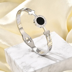 Нержавеющая Сталь Цвет 304 женские шарнирные браслеты из нержавеющей стали, с эмалью, плоские круглые с римскими цифрами, цвет нержавеющей стали, внутренний диаметр: 2-1/4x1-7/8 дюйм (5.8x4.75 см)