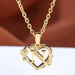 Letter N Цепочка из латуни с подвеской в виде сердца в форме розы и буквы, золотые, Письмо N, 17.72 дюйм (45 см)