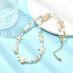 Золотой Женские бусы-хейши из искусственной бирюзы, окрашенной в цвет морской звезды и черепахи, а также из натурального амазонита, розового кварца и ракушек., золотые, 15.55 дюйм (39.5 см)