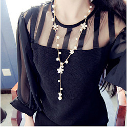 Белый Цветочный сплав эмаль с пластиковым жемчугом подвеска y ожерелья для женщин, золотые, белые, 29.92 дюйм (76 см)