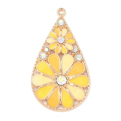 Желтый Подвески из эмали и сплава, со стразами, слезинка с цветочным шармом, желтые, 44x24x3 мм, отверстие : 1.6 мм
