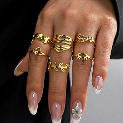 Golden 304 Stainless Steel Open Cuff Rings Set for Women, Heart & Leaf & Evil Eye, Golden, 7.5~10mm, 16.5~18mm, about 7pcs/set