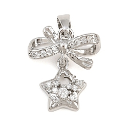 Platinum Brass Micro Pave Clear Cubic Zirconia Pendants, Bowknot with Star Charms, Platinum, 17x14.5x5mm, Hole: 5mm