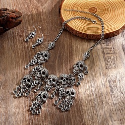 Античное Серебро Наборы украшений из сплава на хэллоуин, включают в себя серьги-подвески и ожерелья, череп, античное серебро, 500 мм