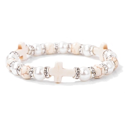 Античный Белый Эластичные браслеты унисекс из синтетической бирюзы и пластика с искусственным жемчугом, крестик, старинный белый, внутренний диаметр: 2-3/8 дюйм (6 см)