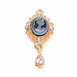Slate Gray Alloy Cameo Oval Resin Pendants, Woman Lady Head Charms, Golden, with Glass, Slate Gray, 21x13x4mm, Hole: 1mm