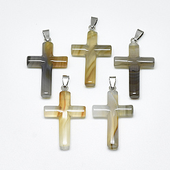 Серый агат Природные серые агаты подвески, с защелкой из нержавеющей стали на поручнях, крестик, цвет нержавеющей стали, 44~46x28x8 мм, отверстие : 3~4x7~8.5 мм